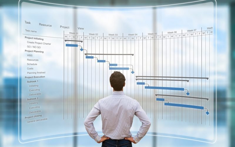 Project manager looking at AR screen with Gantt chart schedule or planning showing tasks and deadlines